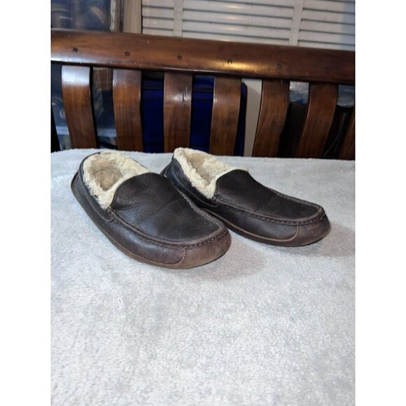 UGG 5379 Mens Dark Brown Leather Shearling Loafers Slippers Comfort main image 5